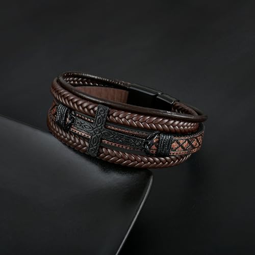 Mens Cuff Cross Bracelet Multi-Layer Braided Leather Cross Bracelet for Religious Bangle Wristband Faith Christian Jewelry for Men Teen - color: A.Brown, size: 9.1in(23cm, Fits larger wrists)