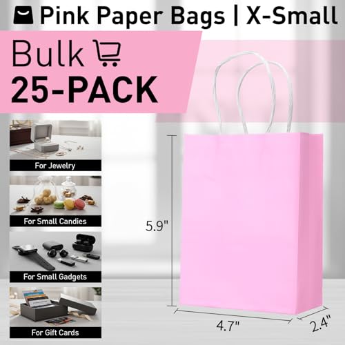 SUNCOLOR 25 Pieces 6" Mini Goodie Bags Small Pink Gift Bags with Handles for Birthday Party Favors, Wedding Treat Bags - color: Pink