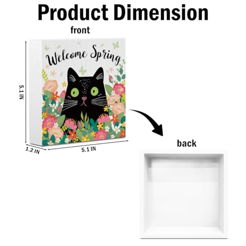 Welcome Spring Wooden Box Sign, Floral Cat Rustic Farmhouse Home Decor - color: white 0353