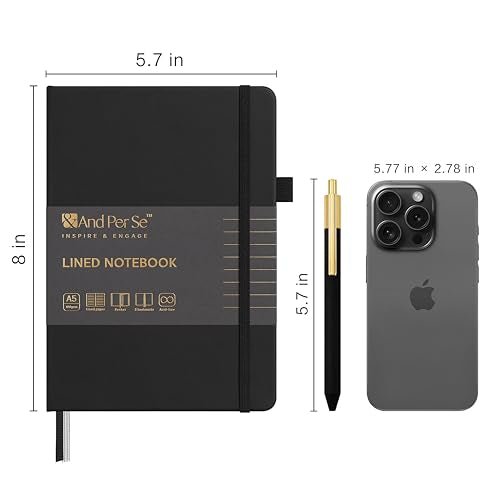 &And Per Se Lined Journal and Pen Set, A5 Leather Hardcover Notebook with Pen & Stationary Set, 160 Pages 100GSM Thick Ruled Paper Journal for Business Work Writing (Black) - color: Black