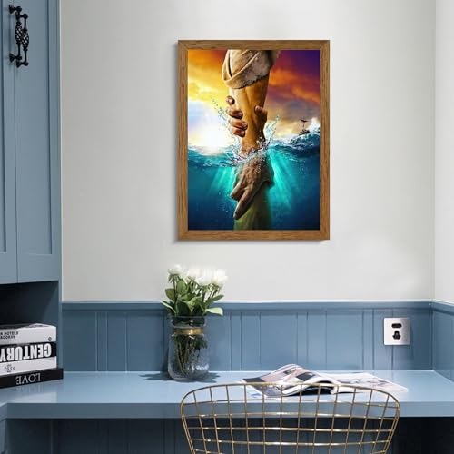Solid Wood Framed Jesus Christ Canvas Wall Art The Hand of God Jesus Reaching Into Water Christian Painting Prints Biblical Wall Decor Religious Room Decor for Church Prayer Room Schools 12'' x 16'' - color: Jesus Hand in Hand, size: 16"L x 12"W
