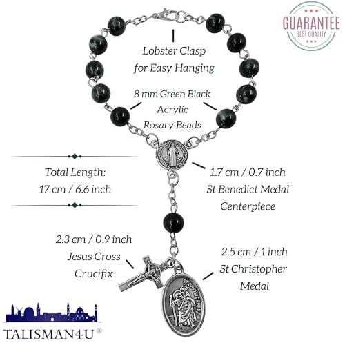 TALISMAN4U St Benedict Rosary for Car Rearview Mirror St Christopher Medal - color: Green Black Acrylic Beads