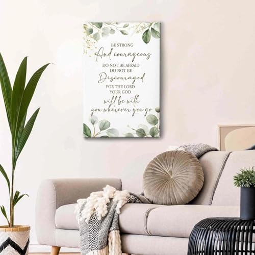 HIWX Christian Inspirational Wall Decor, Be Strong and Courageous Bible Verses Framed Canvas Painting Wall Art Decor, Sage Green Botanical Religious Wall Art Home Decoration for Bedroom Church, 16x24 - color: Medium Bible Verse, size: 24"L x 16"W