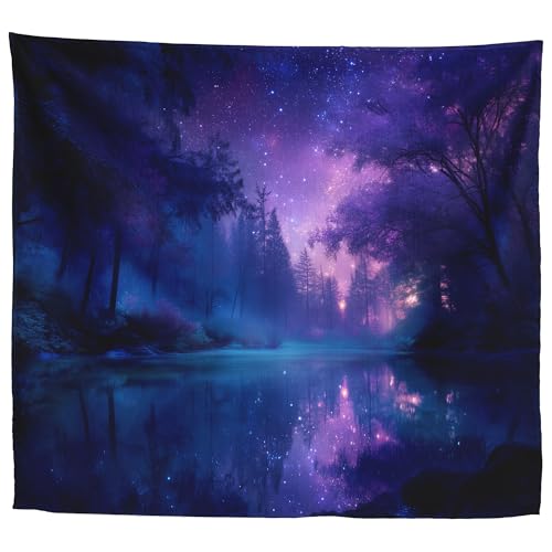 Purple Galaxy Forest Lake Tapestry, Dreamy Night Sky Decor, 60 x 50 Inches - color: Deep Purple/Indigo