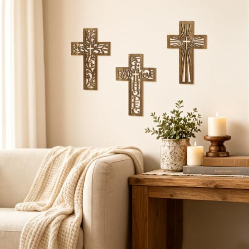 3 Pcs Wooden Cross Wall Decor, 12 Inch Wall Crosses for Christian Home
