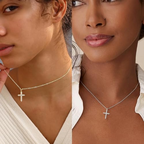 Cross Necklace for Woman, Gold Silver Plated Cross Pendant Necklaces Choker Faith Jewelry Non Tarnish Cute Simple Christian Religious Diamond Cross Necklace for Mom - color: 2pcs Gold + Silver Diamond Cross