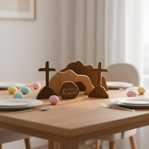 The Empty Tomb Easter Scene and Cross Decoration Wooden Easter Resurrection Scene Cross Decor Jesus Tomb Tray Set for Home Office Tabletop Religious Decoration