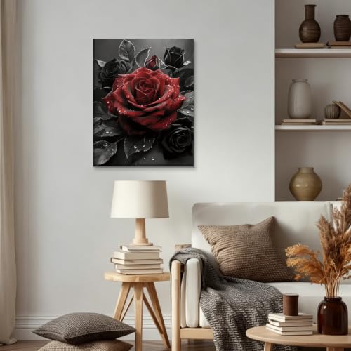 Framed Black And White Red Rose Wall Art Canvas Prints Bathroom Wall Decor - color: Black and White Red Rose Wall Art (Ready to Hang)