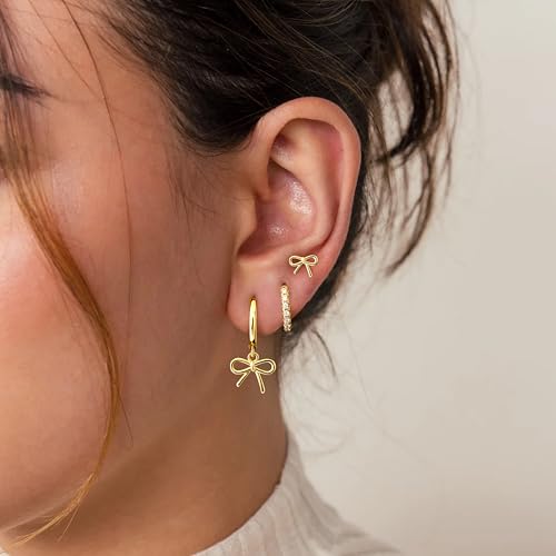 14K Gold Planted Seashell Starfish Stud dangle Earrings for Women, Summer Beach Hoop Earrings for Multiple Piercing Cartilage, Dainty Trendy Dangling Earring 3 Pairs Set Vacation Ocean Outfits Accessories Jewelry - color: Bow-Gold