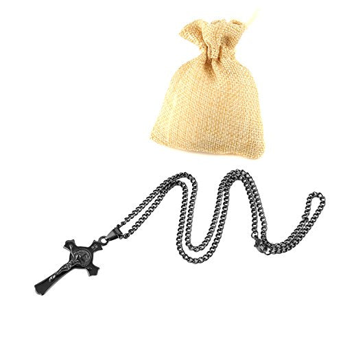 HZMAN Stainless Steel St. Benedict Crucifix Cross Necklace for Men - color: Standard Black