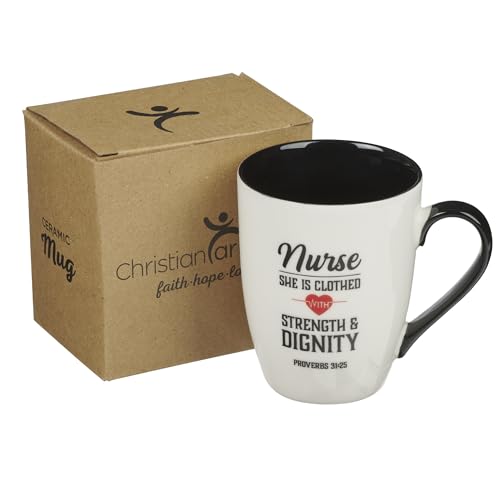 Christian Art Gifts Inspirational Ceramic Coffee & Tea Scripture Mug for Women Nurses: Strength & Dignity Encouraging Proverb, Microwave/Dishwasher Safe Novelty Cup, Cute Heart, White & Black, 12 oz. - color: White & Black/Strength & Dignity Nurse, size: