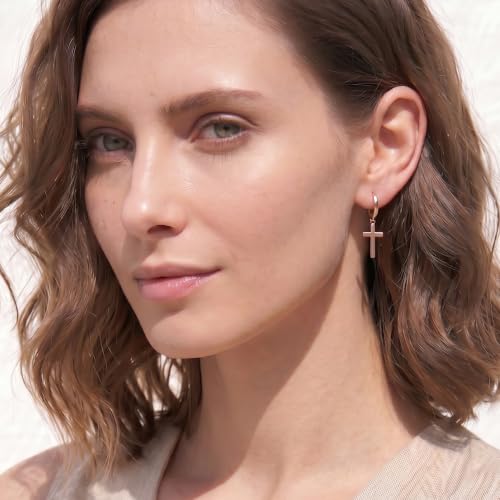 SLUYNZ 925 Sterling Silver Cross Hoop Earrings for Women Teens Cross Huggie Hoop Earrings Dangle - color: C-Rose Color