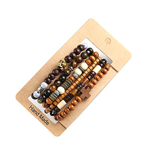 HZMAN Handmade Hemp Cords Wood Beads Leather Bracelets for Men Women - style: Skull & Wooden Cross