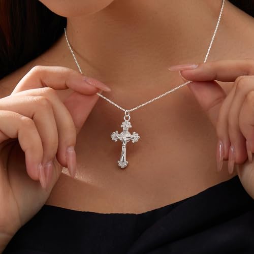 Partm Gold Cross Necklace for Women 14K Plated Dainty Pendant Cross Chain Faith Crucifix Choker Baptism Necklace for Women Trendy Religious Jewelry Hypoallergenic - color: Baroque Cross-Silver