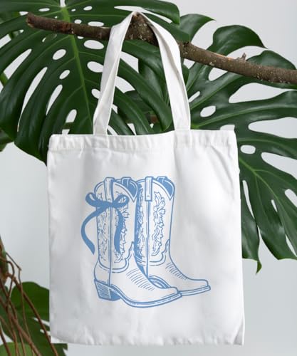 Coquette Bow Bible Canvas Tote Bag for Women Teens Teen Girls, Pink Bow Girls Tote Bag, Coquette Gifts - color: Blue Cowgirl Boots
