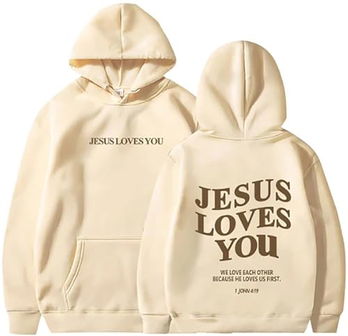 PANOZON Jesus Loves You Hoodie Christian Faith Religious God Tops Man Woman Pullover Sweatshirt Longsleeve - color: 3-beige, size: Medium