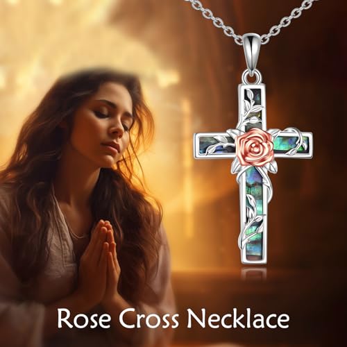 YFN Cross Necklace Sterling Silver Religious Cross Pendant Jewelry Christian Gifts for Women Men - style: F. Rose Flower