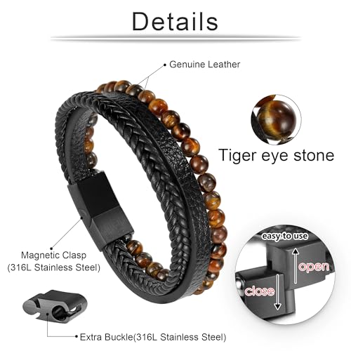 Beaded Leather Bracelets - Gifts for Men, 6mm Tiger Eye Lava Rock Stone Beads Braided Leather Bracelet Handmade Mens Bracelet With Adjustable Magnetic Clasp - color: Black-4
