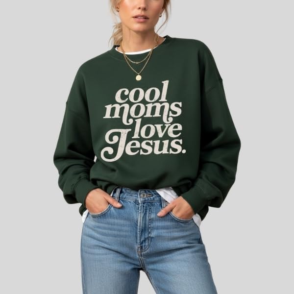 FITIN Cool Moms Love Jesus Christian Graphic Crewneck Sweatshirt – Distressed Design Faith-Based Pullover - color: Forest Green, size: XX-Large