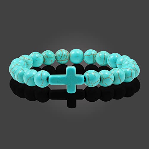 FORUBUS Lava Rock Stone Beaded Bracelet, Cross Charm Natural Volcanic Stone beads Turquoise Stretch Bracelet for Women Men Religion Jewelry Pray Baptism Gift - color: B 1pcs turquoise blue