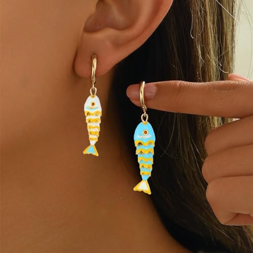 Color Boho Fish Earring for Women, Gold Huggie Hoops Dangle Colorful enamel Summer Beach 3D Stereo Tiny Fish Drop Earrings Ocean Minimalist Statement Jewelry Gift - color: White Enamel