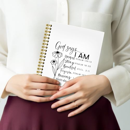 BRRNYOI God Says I Am Christian Notebook Journal 5.5x8.3, Christian Religious Journals for Women, Church Notes Journal, Floral Bible Scripture Hardcover Spiral Notebooks for Note Taking