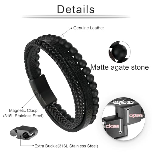 Beaded Leather Bracelets - Gifts for Men, 6mm Tiger Eye Lava Rock Stone Beads Braided Leather Bracelet Handmade Mens Bracelet With Adjustable Magnetic Clasp - color: Black-2