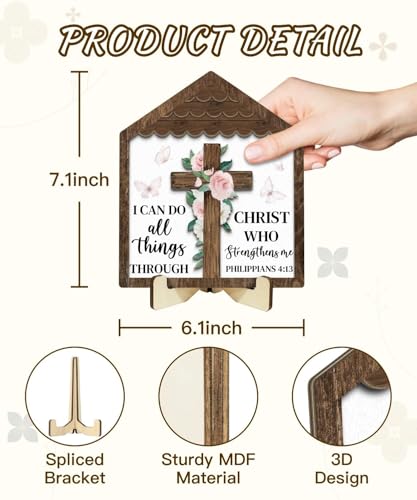 Putuo Decor Rustic House-Shaped Wooden Tabletop Decor, Philippians 4:13 Bible Verse Sign, Floral Cross Christian Plaque for Home, Office, Religious Gift - color: Cross