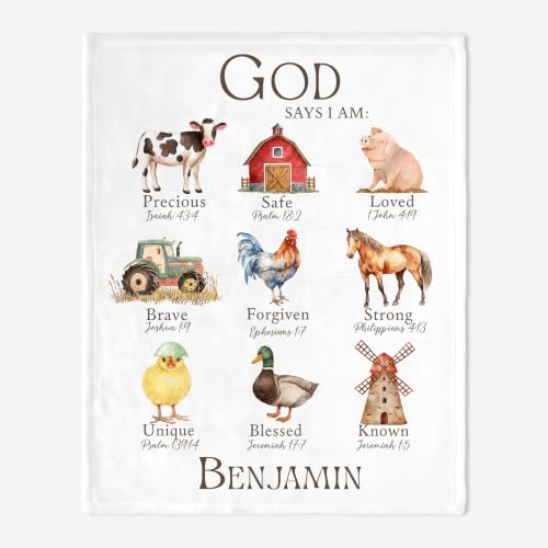 Personalized Baptism Farm Animal Toddler Blanket, God Says I Am Christian Bible Verse Throw, Custom Name Faith Keepsake for Boys Girls, Religious Gift from Parents Grandparents, Nursery Decor - color: Baptsim Toddler Blanket#11