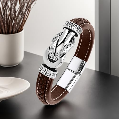 Men's Braided Leather Bracelet Wristband Cuff Bracelet for Men Gifts Stainless Steel Clasp - color: Brown