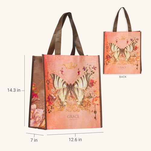Christian Art Gifts Floral Butterfly Reusable Multicolor Shopping Tote Bag for Women: Grace - Eph. 2:8 - Easy-hold, Durable, Collapsible, Religious Handbag for Groceries, Books, Supplies, Orange/Brown - color: Orange/Grace