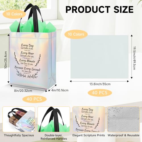 LUAVIARU 80 Pcs Bible Verse Christian Gift Bags Set – 40 Silver Reusable Gift Bag with Handles & 40 Tissue Paper, Religious Gift Bag for Church Events, Baptism, Easter, Communion, Congratulations - color: Silver, size: 40