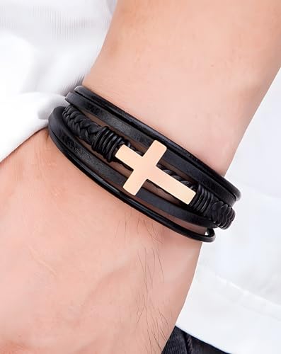 Cross Leather Bracelet for Men, Multi-Layer Braided Mens Religious Cuff Bracelets with Stainless Steel Clasp Anniversary Father's Day Birthday Christmas Jewelry Gifts for Him - color: Black Clasp & Black Leather