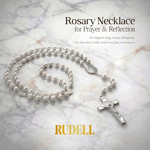RUDELL Rosary Beads Catholic for Women - Rosary Necklace for Women with Pearl Beads - Medal Cross Saint Benedict Rosary for Men - Prayer Rosarios Catolicos Jewelry Gift - color: White