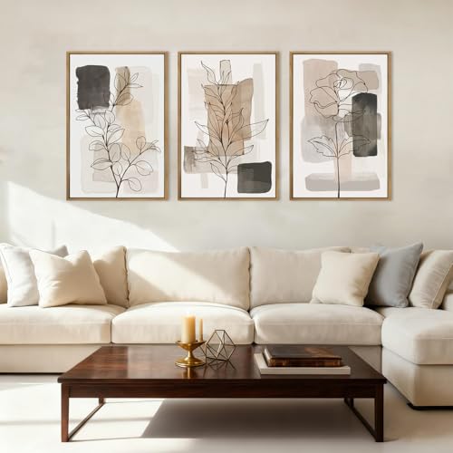 Anyzal Large Framed Neutral Floral Wall Art 16x24 Inch Tan Modern botanical Canvas Wall Decor Minimalist Black Flower Prints for Living room Bedroom Dining room Set of 3 - color: Beige and tan, size: 24"L x 16"W