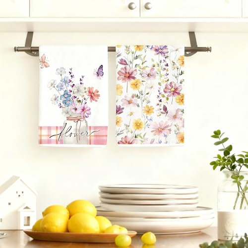 Kitchen Towels Set of 4, Floral Pink Plaid Dish Towels - color: Pink Floral