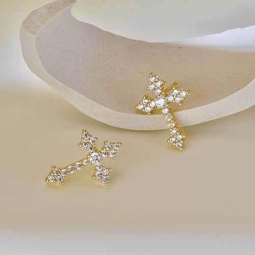 Cross Stud Earrings for Men Women S925 Silver Post CZ Sparkle - color: Gold
