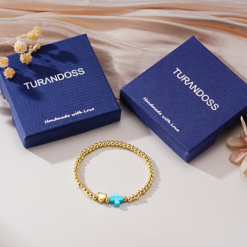 Turandoss Gold Cross Bracelet for Women Heart Beaded Bracelet Faith Jewelry - color: Turquoise Cross Bracelet