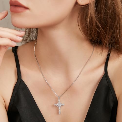 925 Sterling Silver Cross Necklace for Women,Birthday Delicate Star Cross Necklace Jewelry Gifts for Women,Birthstone Religious Jewelry for Mom, Chain 18 inch - color: D. 4. White-April-CZ