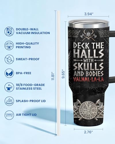 34HD Viking Valhal La Funny Norse 40 oz Tumbler with Handle, Gift for Papa - color: VikingBlack