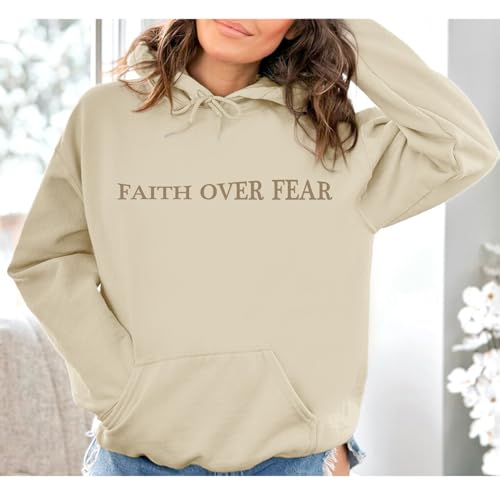 Sulayesh Faith Over Fear Hoodie for Women Christian Jesus Inspirational Sweatshirts Religious Oversized Graphic Pullover Tops - color: Apricot, size: Medium