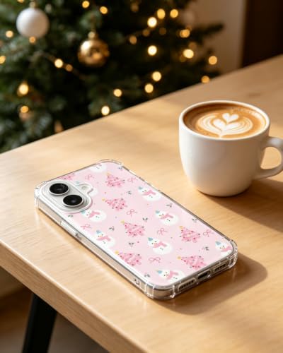 Pink Christmas Trees Snowman Bows Phone Case Compatible with iPhone 17, Cute Girly Winter Phone Cover for iPhone 17 - color: Pink Trees Snowman