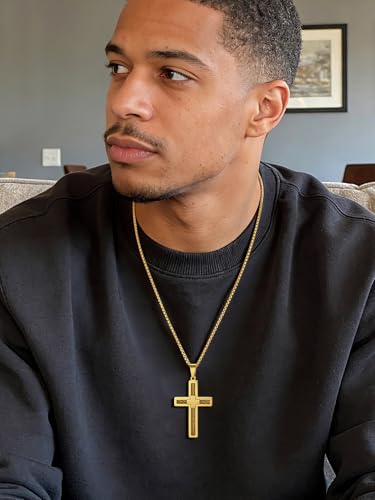 FaithHeart Stainless Steel Cross Necklace for Men, Silver/Black/Gold Cross Chains for Men Religious Amulet Necklaces Christian Gifts for Dad - style: Twist Cross-Gold
