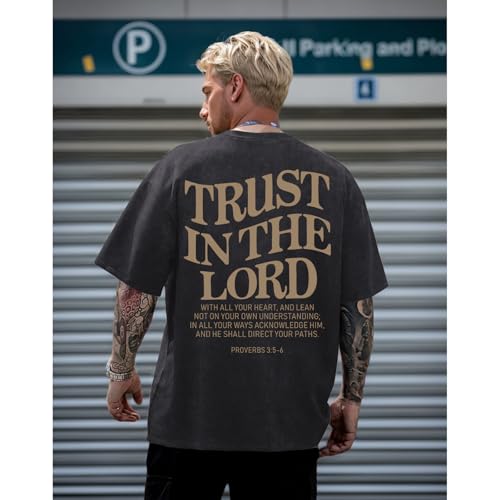 Wrenpies Mens Oversized Christian Shirts God Faith Jesus Religious Tshirts Trust in The Lord Bible Verse Tees Acid Wash Tops - color: Black, size: XX-Large