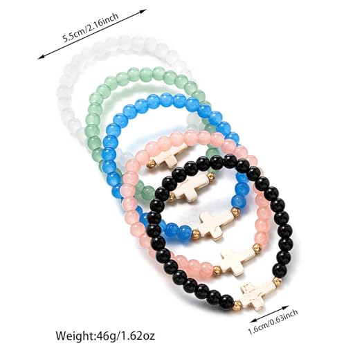 5Pcs Set Cross Beaded Crystal Turquoise Colorful Stretch Bracelet Christian Matching Strand Bracelet for Women Holiday Bohemian Boho Jewelry Multilayered Handmade - color: A