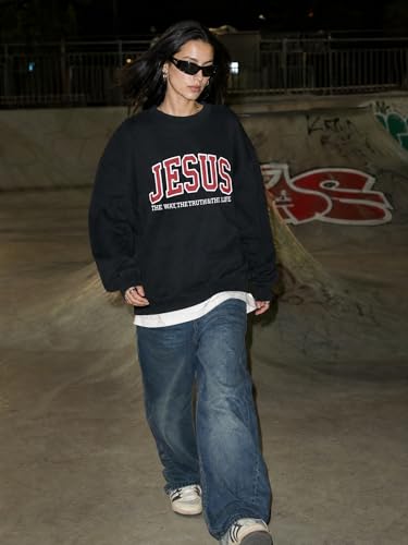 Christian Sweatshirts for Women Jesus Fleece Oversized Pullover Faith God Tops Crewneck Y2K Longsleeve - color: 2-black, size: XX-Large