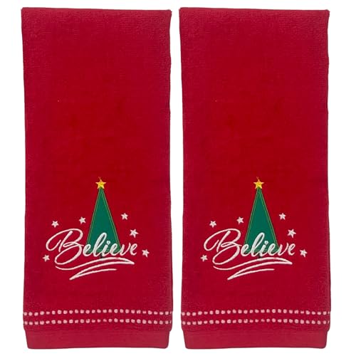 Christmas Red Guest Hand Bathroom Towels, Elegant Believe XMas Tree, 16x26" - color: Red