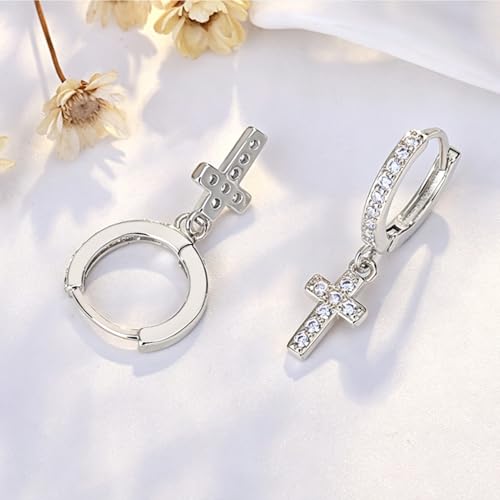 Cross Dangle Hoop Earrings for Women with CZ Stones - color: Silver
