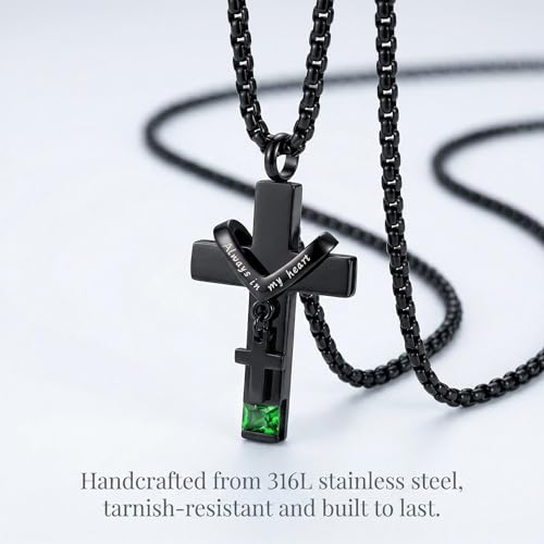 YOUFENG Birthstones Urn Necklaces for Ashes Cross Cremation Pendant Urns for Human Ashes Memorial Keepsake Locket Jewelry - style: May-birthstones