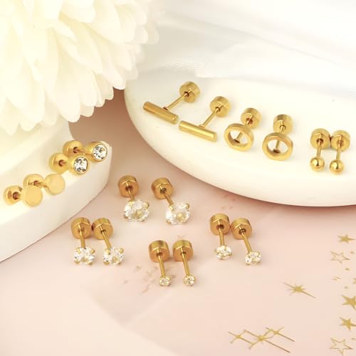 Stainless Steel Stud Earring 1 Pair Gold Small Flatback Earrings Helix Hypoallergenic Flat Back Jewellery Dainty Screwback Tiny Jewelry for Sensitive Ears Women Ladies Aretes De Mujer - style: Round